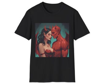 Camiseta "Amor Diablo" – Camiseta de Pareja Demoníaca estilo cómic | Camiseta romántica con arte rojo y negro | Gráfico de amor alternativo y vanguardista