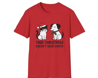 Divertida ilustración navideña de un gato y un perro | La verdadera Navidad no necesita a Papá Noel | Lindo diseño para camiseta navideña imprimible | Descarga digital