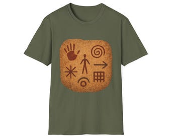 Camiseta con símbolos de petroglifos | Pintura rupestre de estilo nativo. Arte prehistórico. Gráficos con símbolos antiguos. Camiseta con motivo histórico.