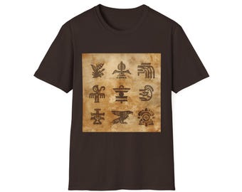 Camiseta con cuadrícula de símbolos aztecas | Motivos tribales nativos, ilustraciones de pergamino vintage, gráficos con jeroglíficos.