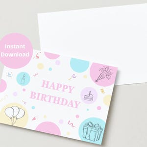 Biglietto di auguri per la migliore amica in stile pastello - Carina e femminile con palloncini, torta e coriandoli