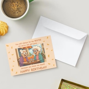 Funny Best Friend Birthday Digital Card | Printable Gift for Bestie | Cute Elderly Friends Illustration | Instant Download