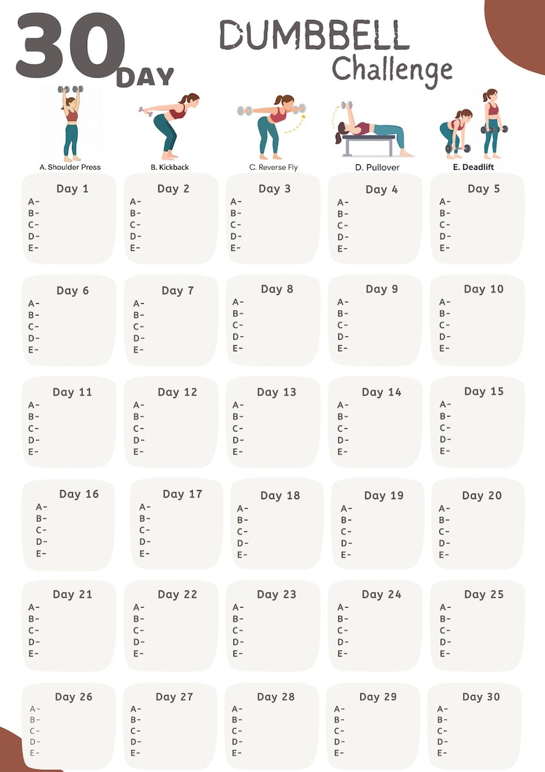 30 Day Dumbbell Challenge | Dumbbell Fitness | Printable Dumbbell ...