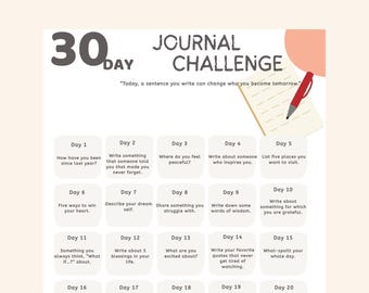 30 Day Journal Challenge | Writing Challenge | 30 Day Prompts | Writing Habit Self-Discovery Writing Prompts Daily Guided Journal
