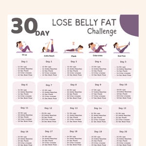 May include: A 30-day belly fat challenge chart with exercise illustrations. The chart includes exercises like sit-ups, ankle reaches, planks, criss-crosses, and boat pose. Each day lists the number of repetitions for each exercise.