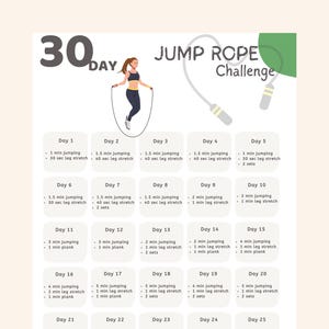 Pode incluir: Um gráfico de desafio de pular corda de 30 dias com uma mulher pulando corda. O gráfico inclui rotinas de exercícios diários, como saltos, alongamentos de pernas e pranchas. O texto "JUMP ROPE Challenge" está no topo.