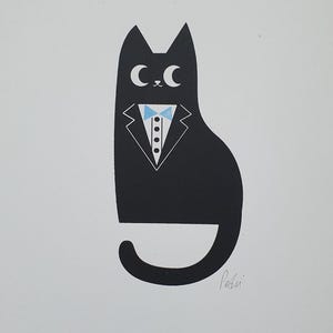 Tuxedo Cat (blue) screen print A4 by Peski Studio
