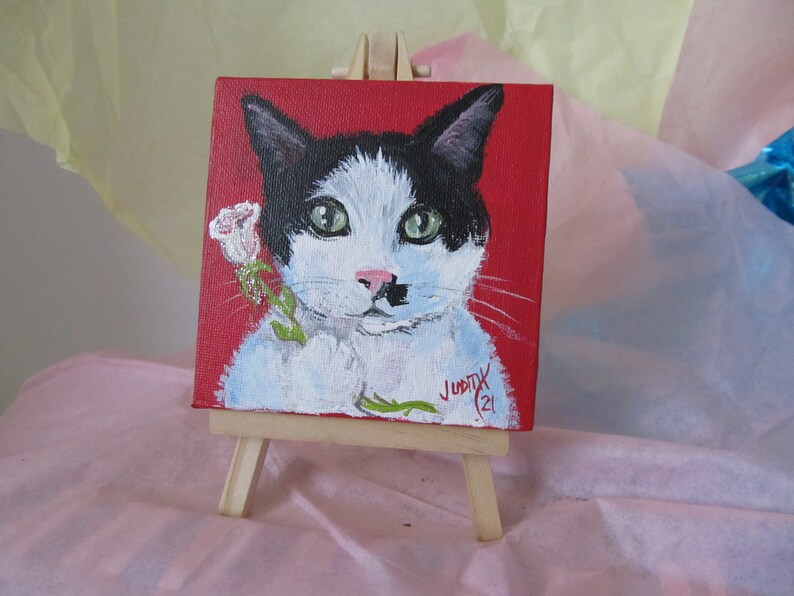 Pet Portrait 4x4 Mini Desk Sized Hand Painted Canvas With Easel Acrylic Personalized Custom Painting Dog Cat Bird Memorial Dog Mom Cat image 3