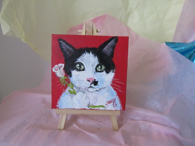 Pet Portrait 4x4 Mini Desk Sized Hand Painted Canvas With Easel Acrylic Personalized Custom Painting Dog Cat Bird Memorial Dog Mom Cat image 9