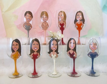 NINE Wine Glass Portrait Full Length Painted Hand Painted Caricature Birthday Dress Replica Bride Bridesmaid  Mementos Wedding  Personalized