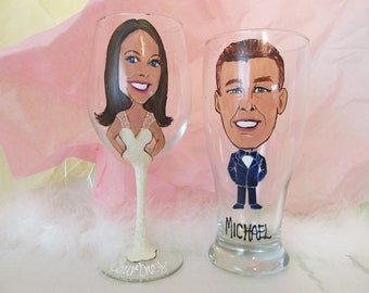 Wedding Pair of Hand Painted Portrait Caricature Glasses  Beer Mugs Painted  Beer Glass Cartoon  Personalized  Caricature  Gift Wrap