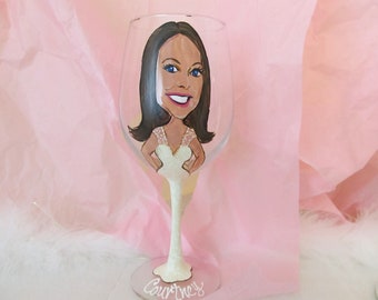 Bride Caricature Portrait Wine Glass Personalized Full Length Hand Painted Birthday  Wedding Prom AnniversarGirls Weekend