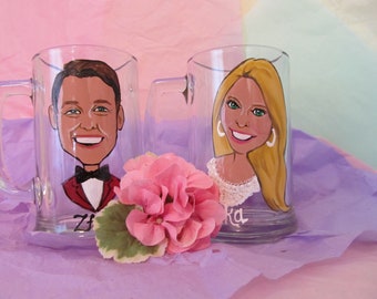 PAIR of Caricature Hand Painted Cartoon Personalized Wine Glasses Beer Mugs  Wedding Anniversary Birthday Christmas  Parents Girls Weekend