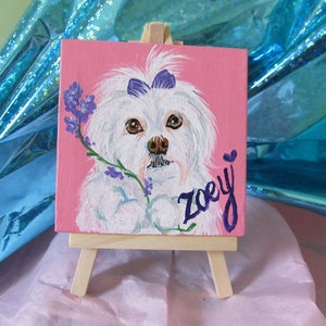 Pet Portrait 4x4 Mini Desk Sized Hand Painted Canvas With Easel Acrylic Personalized Custom Painting Dog Cat Bird Memorial Dog Mom Cat image 2