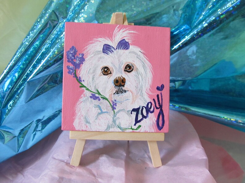 Pet Portrait 4x4 Mini Desk Sized Hand Painted Canvas With Easel Acrylic Personalized Custom Painting Dog Cat Bird Memorial Dog Mom Cat image 2