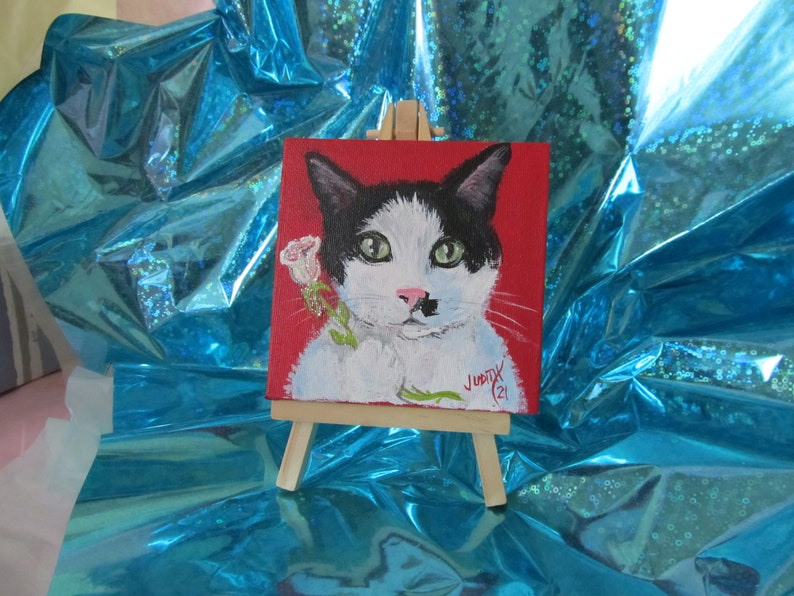 Pet Portrait 4x4 Mini Desk Sized Hand Painted Canvas With Easel Acrylic Personalized Custom Painting Dog Cat Bird Memorial Dog Mom Cat image 4