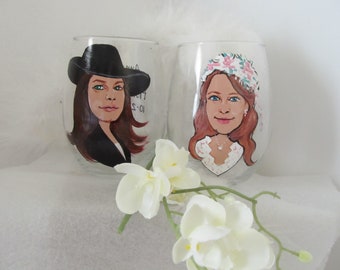 Wedding Pair of Hand Painted  Portrait Caricature Glasses  Beer Mugs Painted  Beer Glass Cartoon   ersonalized  Caricature    Gift Wrap