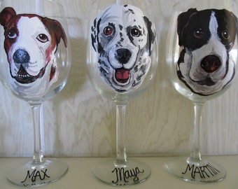 TWO Pet Portraits Hand Painted Dog Glass Your Choice Caricature Custom Cartoon Pet Wine Beer Mug Cat Bird Personalized