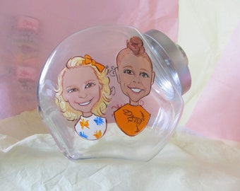 TWO Figures Hand Painted Glass Caricature Cookie Candy Jar Treat Painted Portrait Birthday Retirement  Logo Cute Gift Pet Dog Lover