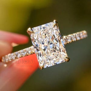 2.0 CT Radiant Cut Moissanite Engagement Ring Hidden Halo Wedding Ring 18K Yellow Gold Ring With Half Eternity Anniversary Ring Gift For Her