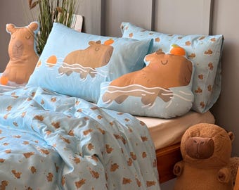 Parure de lit pour enfant Capybara, housse de couette pour tout-petit, linge de lit en coton, décoration de chambre d'enfant, chambre neutre, cadeau pour bébé, thème animal, décoration de chambre d'enfant