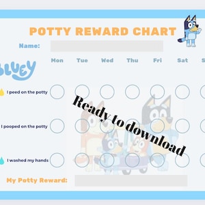 Puede incluir: Un cuadro de recompensas para el orinal azul claro con la palabra "Bluey" y el texto "Potty Reward Chart". El cuadro incluye espacios para rastrear las actividades del orinal y una sección de recompensas. La imagen incluye personajes de dibujos animados.