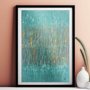 Abstract Rain Painting - Turquoise Teal Wall Art - Contemporary Landscape Print - Vertical Brushstrokes - Modern Art - Calming Home Decor