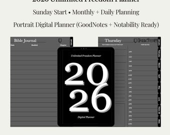 May include: A digital planner for 2026 with a black background and white text. The planner includes sections for daily, monthly, and Bible journaling. The text on the planner reads "2026 Unlimited Freedom Planner".