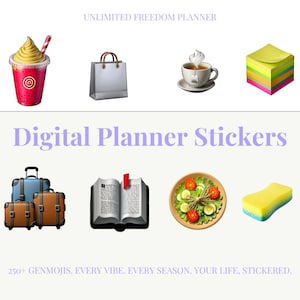 May include: Digital planner stickers featuring various icons, including a red drink with a straw, a shopping bag, a teacup, a stack of sticky notes, suitcases, an open book, a salad, and a sponge. Text reads "UNLIMITED FREEDOM PLANNER" and "Digital Planner Stickers".