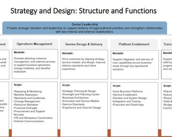 May include: A business strategy and design diagram titled "Strategy and Design: Structure and Functions." The diagram is divided into sections: Strategic Engagement, Operations Management, Service Design & Delivery, Platform Enablement, and Transformation Planning.