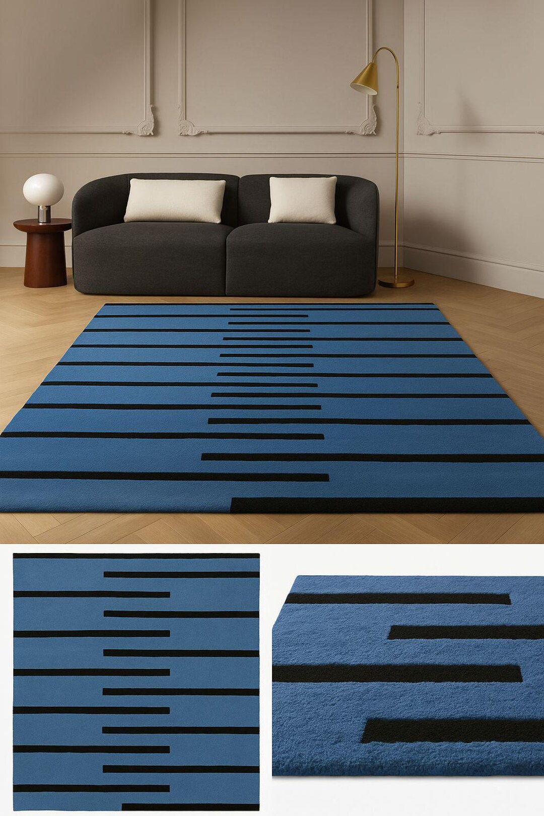 Hand Tufted Wool Rug: Modern Geometric Blue Black Rug for Living Room ...