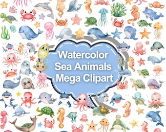 Watercolor Sea Animals Clipart Bundle: PNGs Baby animals Nursery Art (Digital Download)
