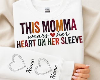 Paquete PNG de mamá, abuela, niñera, Gigi con corazón en la manga. Sudadera para mamá con nombres de niños personalizados.