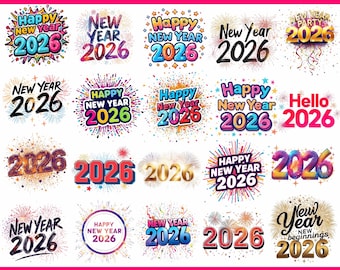 Happy New Year 2026 PNG Bundle, Hello 2026 Background glitters photo overlay gold printable