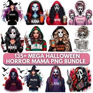 Könnte beinhalten: Eine Sammlung digitaler Kunst zum Thema Halloween, die Frauen in Kapuzenpullovern mit Masken von Horrorfilmfiguren und dem Wort "MAMA" zeigt. Das Bundle enthält Bilder einer Hexe, eines Clowns und eines Skeletts. Der Text "135+ MEGA HALLOWEEN HORROR MAMA PNG BUNDLE" ist ebenfalls vorhanden.