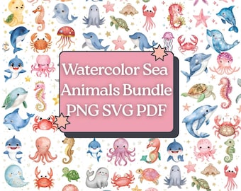 Watercolor Sea Animal Clipart Bundle PNG SVG, Ocean Nursery Art, Cute Marine Animals Sublimation, Coastal Baby Clipart Set