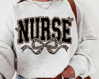 Nurse Leopard Bow PNG, Coquette Retro Varsity Nurse Shirt Design, Nurses-Day Sublimation, Digital Download