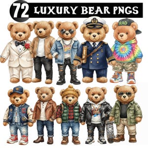 May include: Digital illustration of 10 brown teddy bears wearing different outfits, such as a suit, denim jacket, and sailor uniform. The image includes the text "72 LUXURY BEAR PNGS" at the top.