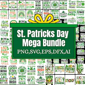 Op de afbeelding: Een groene doos met een gele strik, met de tekst "St. Patricks Day Mega Bundle". De afbeelding toont verschillende ontwerpen met het thema St. Patrick's Day, waaronder klavers en zinnen als "Kiss Me I'm Irish". De bundel bevat PNG-, SVG-, EPS-, DFX- en AI-bestanden.