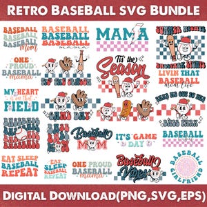 Op de afbeelding: Een digitale download grafische bundel met een retro honkbal thema. Het ontwerp bevat verschillende honkbal gerelateerde zinnen en illustraties, waaronder honkballen, knuppels en handschoenen. Het kleurenpalet bevat rood, blauw en beige.