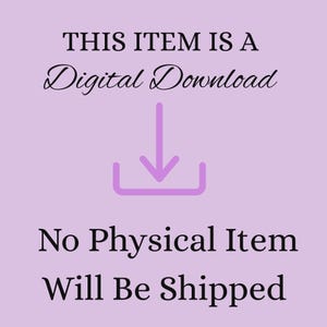 K&ouml;nnte beinhalten: Helllila Hintergrund mit schwarzem und lila Text. Der Text lautet "THIS ITEM IS A Digital Download" &uuml;ber einem lila Abw&auml;rtspfeil-Symbol. Darunter steht "No Physical Item Will Be Shipped."
