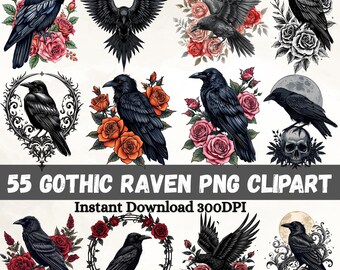 55 Raven Halloween Clipart Bundel, Gothic Raven PNG Bundel, Raven en Rozen PNG, Gothic Vibes Clipart, 55 Dieren PNG Ontwerp Sublimatie