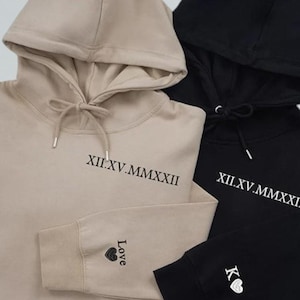 Personalized Roman Numeral Couple Hoodie,Custom Anniversary Date Sweatshirt with Initial & Heart on Sleeve — Matching Couples Hoodies