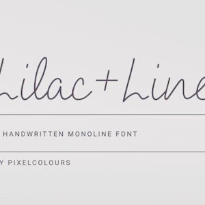 Può includere: Su uno sfondo grigio chiaro, le parole "Lilac + Linen" sono scritte in un carattere scritto a mano. Sotto, il testo recita "A HANDWRITTEN MONOLINE FONT" e "BY PIXELCOLOURS". Il carattere è in stile monoline.