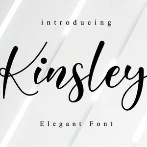May include: A graphic with the word "Kinsley" in elegant, black cursive font. The text "introducing" and "Elegant Font" are also displayed in a smaller, sans-serif font. The background is white with diagonal lines.