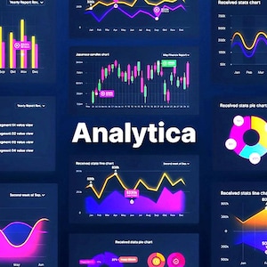 以下が含まれることがあります： データ視覚化を表示するさまざまなチャートとグラフを備えた濃い青色のグラフィック。「Analytica」という単語は白いテキストです。チャートには、ピンク、黄色、紫のデータポイントを含む棒グラフ、円グラフ、線グラフ、波グラフが含まれています。