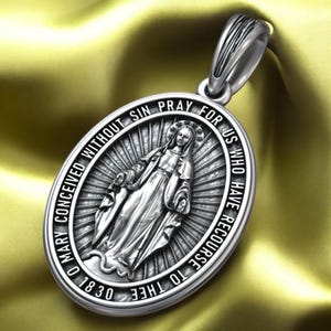 925K Silver Miraculous Medal Pendant, Virgin Mary Catholic Necklace, Handmade Religious Jewelry, Faith Gift For Her Or Mama, Oval Medal