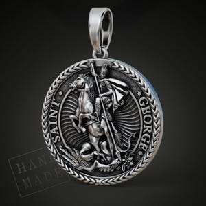 Saint George Round Pendant Necklace, Handmade Heroic Dragon Slayer Medal, Religious Jewelry Gift For Him, Symbol Of Courage And Faith