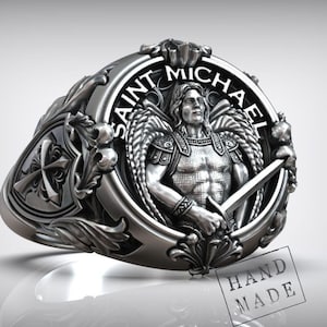 Handcrafted Silver Saint Michael Archangel Ring, Shield and Sword Christian Jewelry For Men, Religious Statement Ring, Faith-Inspired Gift