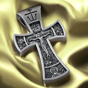 Jesus Christ Cross Pendant With Saint George And Saints, Sterling Silver Handmade Orthodox Necklace, Religious Gift For Him Or Mama